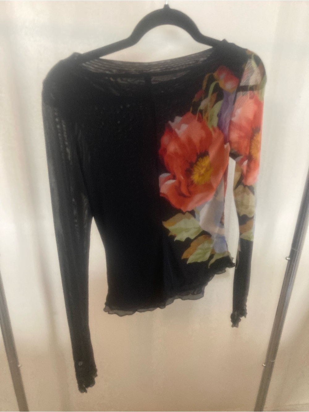 Free People Black Sheer Long Sleeve Top with Multicolor Floral Design - Picture 3 of 6